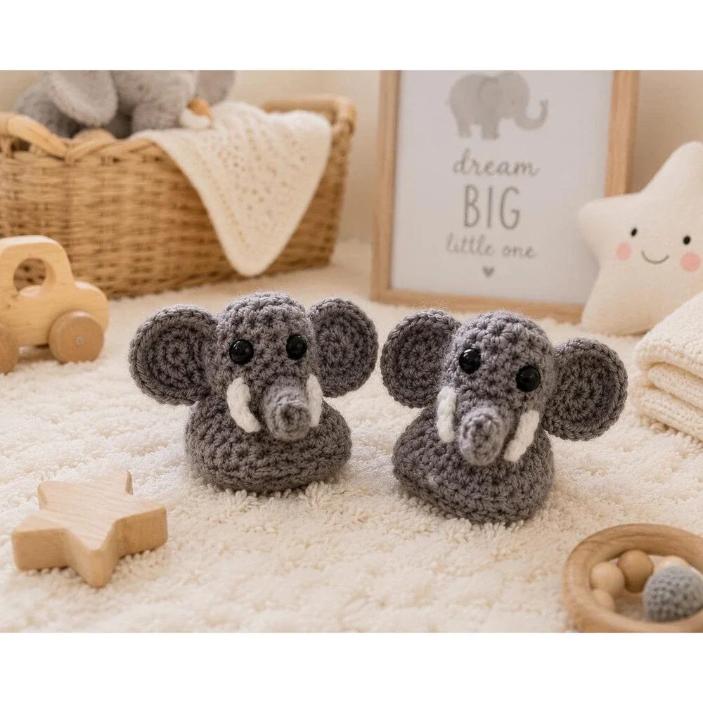 Handmade Crochet Elephant Baby Booties, Felt Lined Newborn Slippers (0-3 Months)